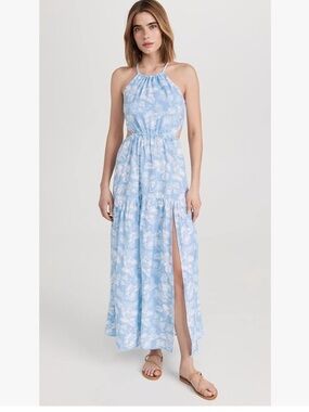 l*space Jaide Maxi Dress Blue White Floral Halter Tie Back Tiered Shell Beads S